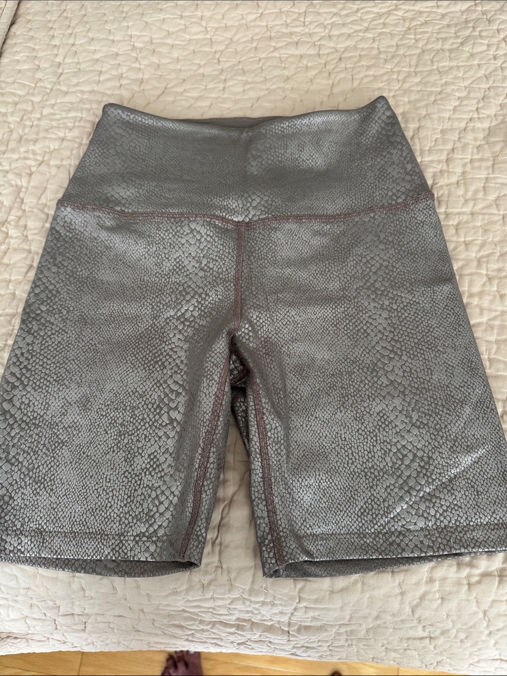 Beyond Yoga High-Waist Metallic Taupe Snake-Print Bike Shorts
